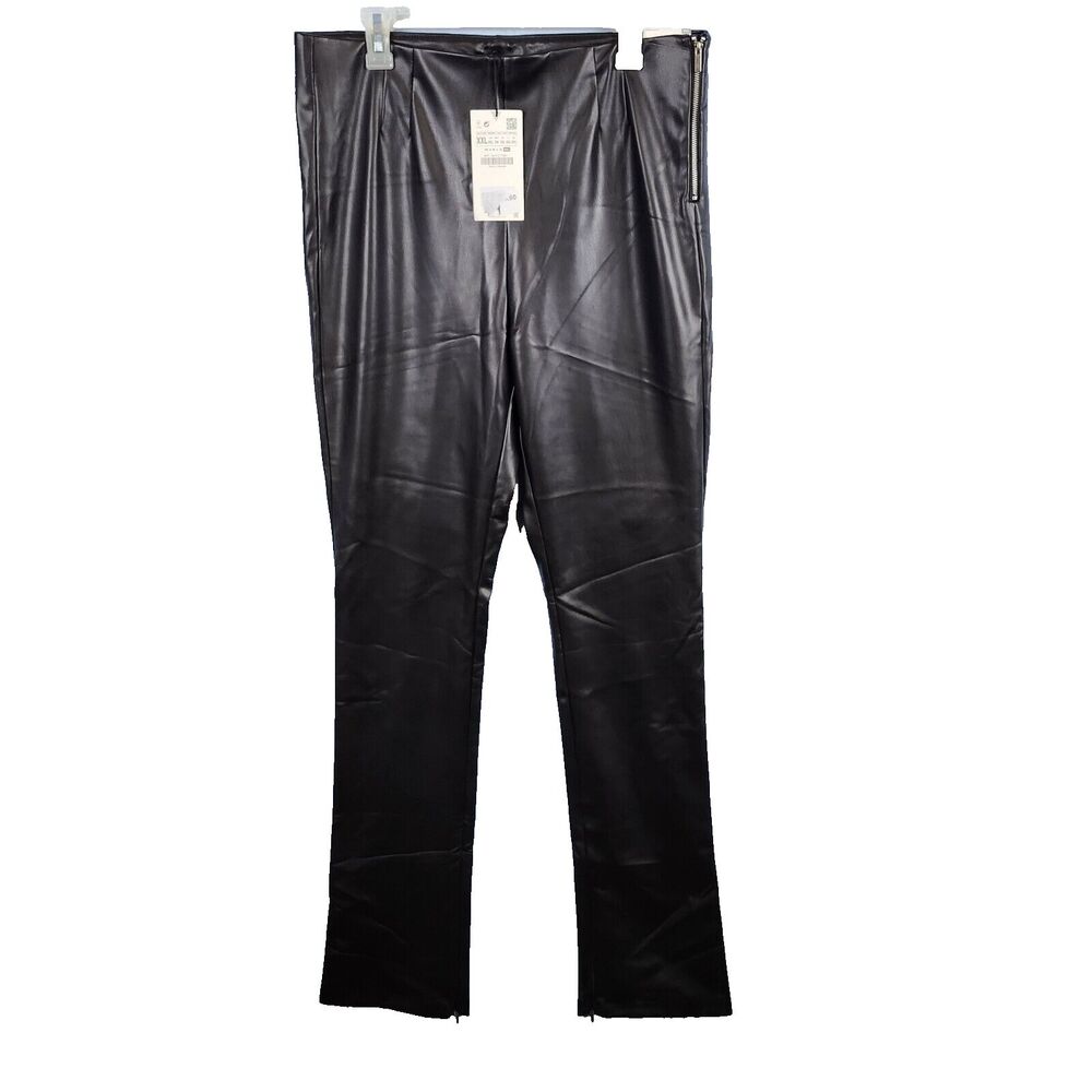 Zara Faux Leather High Rise Long Leggings Side Zip Ankle Zip Darted Black Sz XL